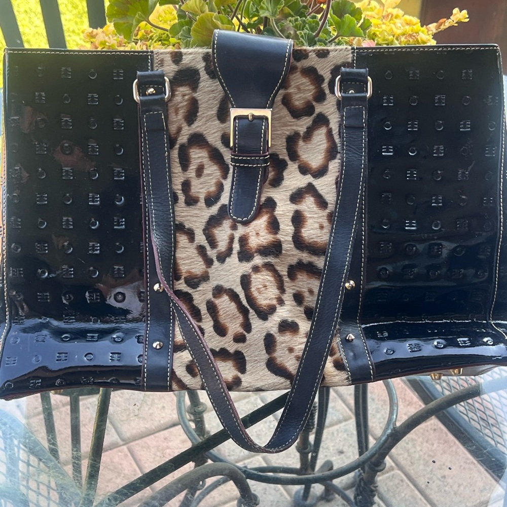 Arcadia Italian Embossed Leather Brown and Black Leopard Print Tote Bag